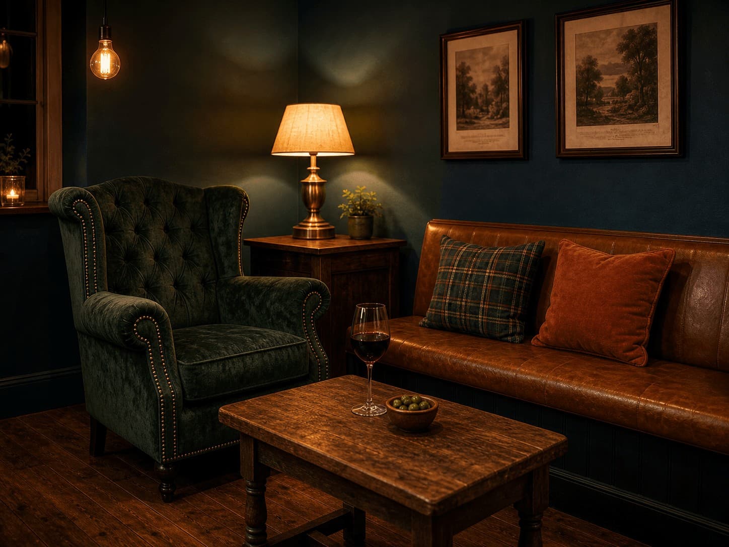 Green velvet wingback chesterfield, tan leather bench with cushions, low wooden table with a glass of red wine and a small bowl of olives, brass lamp.