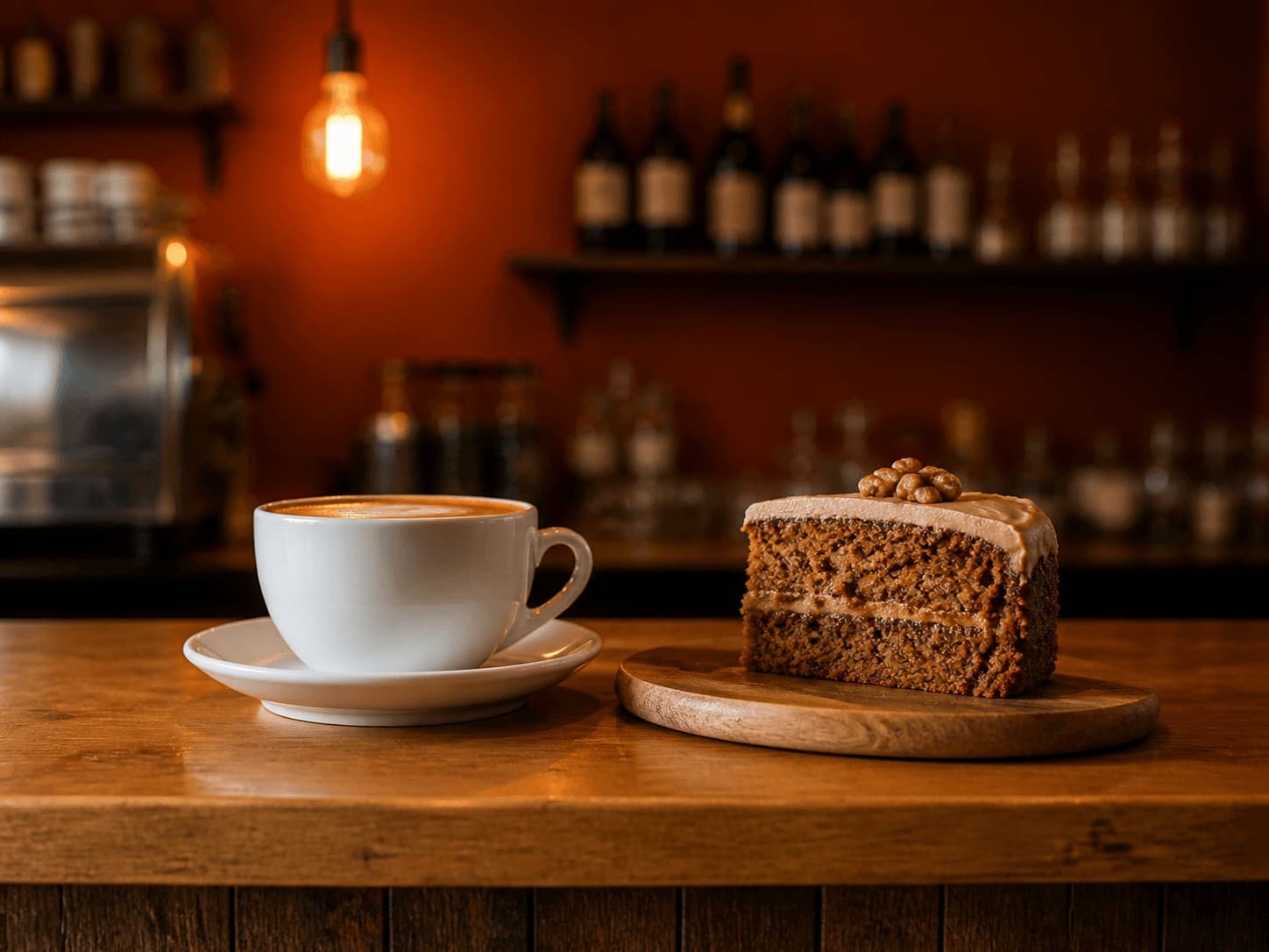 A flat white in a white ceramic cup beside a slice of coffee and walnut cake on a wooden board, terracotta wall and an Edison bulb softly out of focus behind.