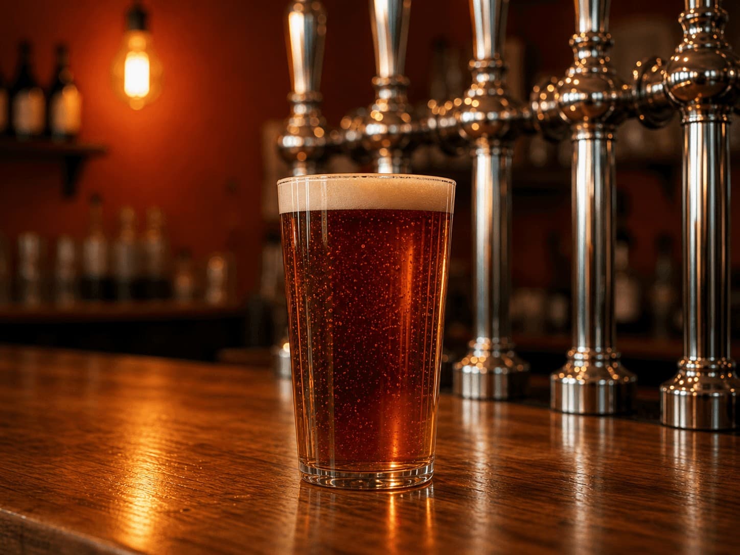 A pint of cask ale on the bar in front of chrome tap handles, warm terracotta wall behind.