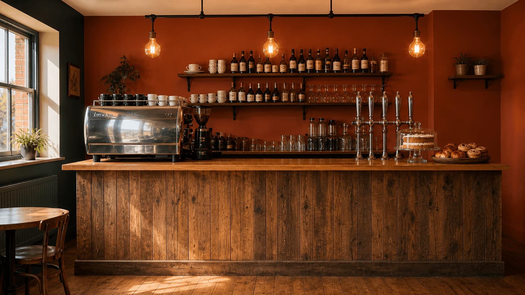 The Rise & Pour bar counter at midday: terracotta back wall, Edison bulbs overhead, espresso machine on the left, chrome beer taps on the right, pastries and a cake stand on the counter.