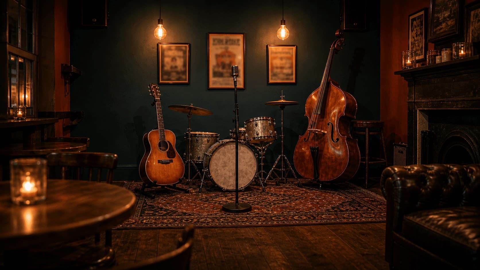 The live band corner: acoustic guitar on a stand, small drum kit, double bass, microphone stand, vintage gig posters on a deep petrol teal wall, Persian rug on the floor.